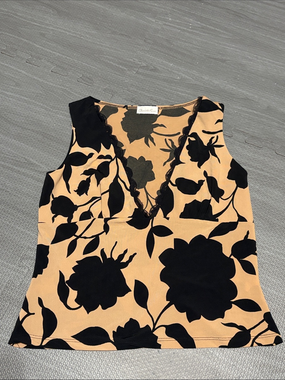 Charlotte Russe Black Floral V-Neck Camisole on Tan